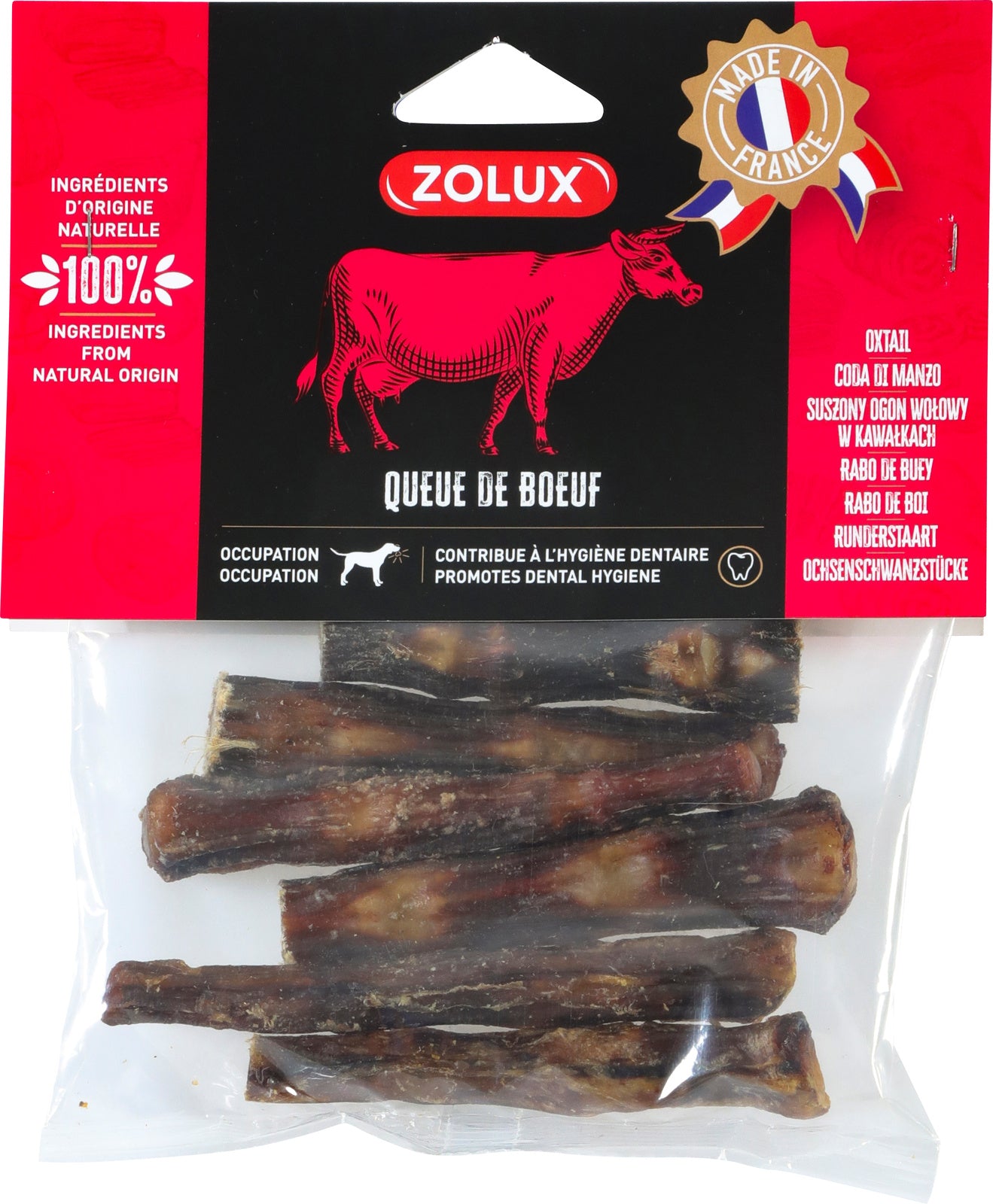 Confezione Zolux Coda di Manzo essiccata per cani, 100% naturale, promuove l’igiene dentale, made in France Confezione Zolux Coda di Manzo essiccata per cani, 100% naturale, promuove l’igiene dentale, made in France